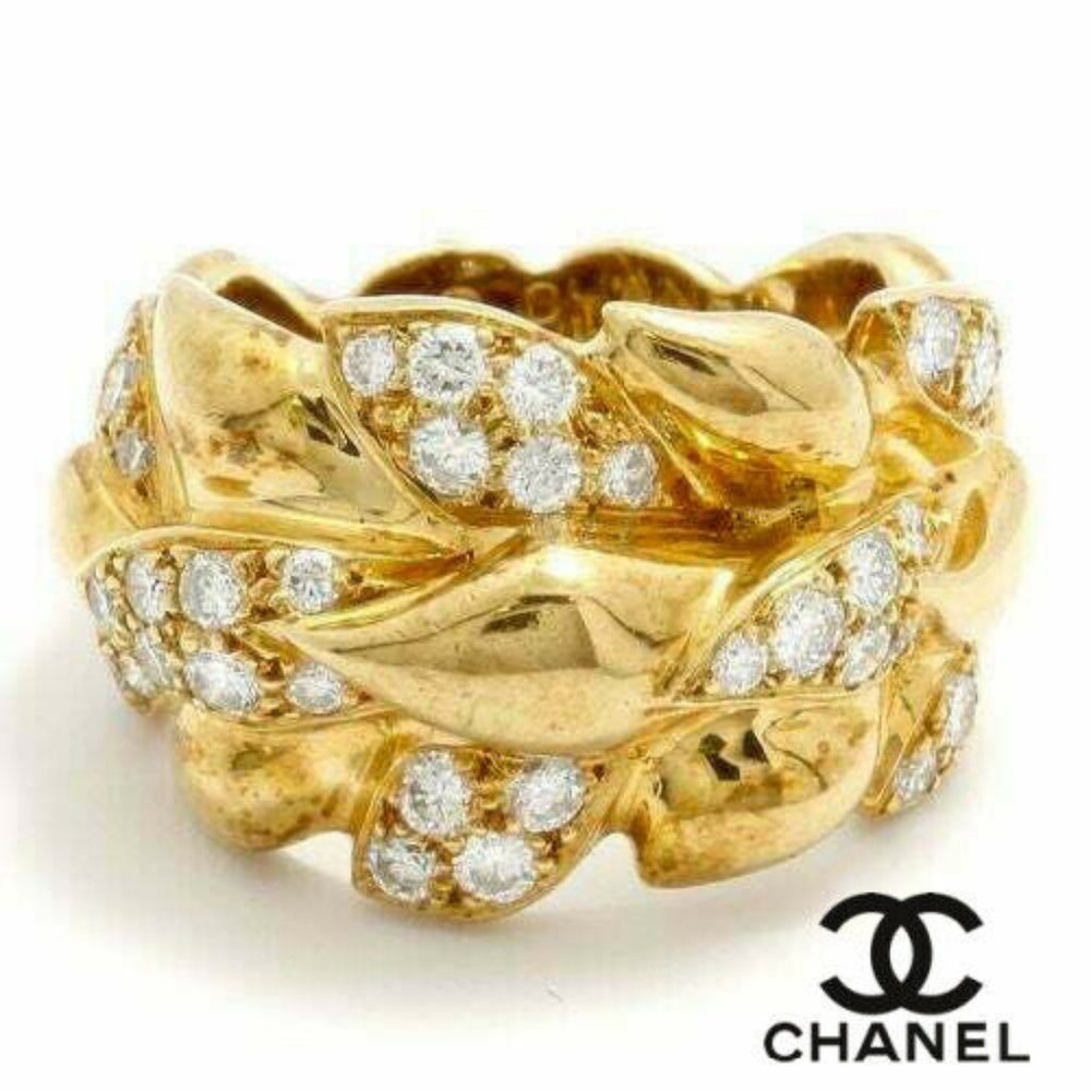 CHANEL 18K Yellow Gold Leaf Motif Diamond Ring